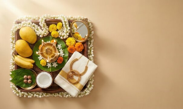 Tamil New Year Kanni Arrangement with Brass Lamp and Fruits &ndash; Festive Greeting Background