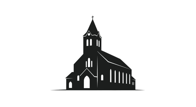 Simple black silhouette of a church with steeple and cross on white background symbolizing faith and spirituality