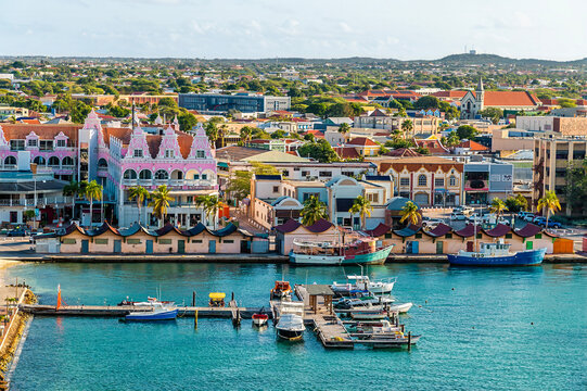 A view towards the shore from the cruise terminal  in Oranjestad, Aruba on a bright morning