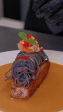 Grilled salmon steaks on the pan. Freshly cooked fish fillet. Food concept. High quality FullHD footage