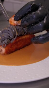 Grilled salmon steaks on the pan. Freshly cooked fish fillet. Food concept. High quality FullHD footage