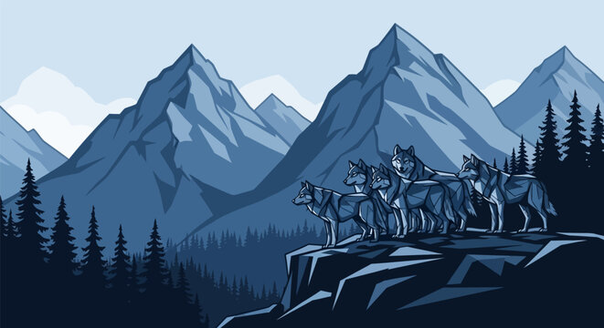 Illustration of wolves standing on a rocky cliff in front of mountains.