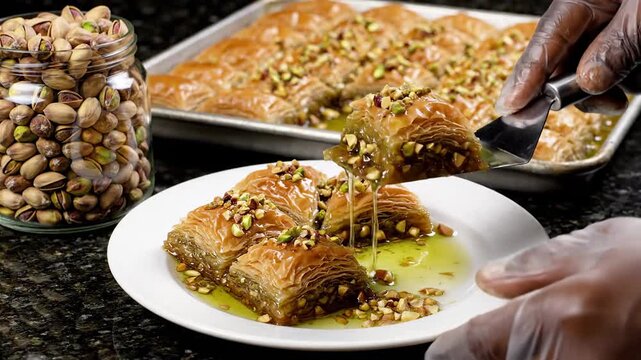 Delicious homemade baklava pastry dessert drizzled with syrup and sprinkled with chopped pistachios