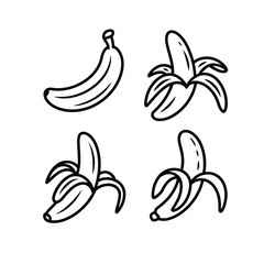 Line art drawings illustrating a whole banana and three partially peeled bananas, showcasing different stages of peeling. © Shahida