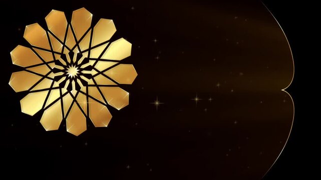 Animation of Luxury mandala background with gold frame in arabesque pattern Arabic style. Motion Graphics Video Mandala Rotating, golden particles elegant black Background and copy space for you text