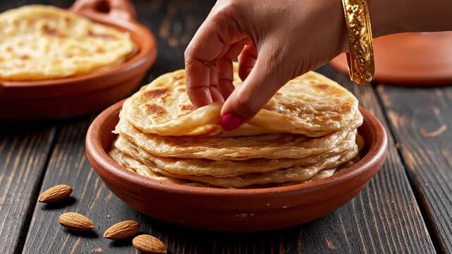 Close-up of a hand gently touching a stack of freshly made, flaky, golden-brown parotta bread in