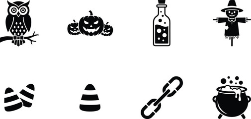 Set of black Halloween spooky icons with owl on branch carved pumpkins magic potion bottle scarecrow candy corn metal chain and bubbling cauldron symbols © Hey there