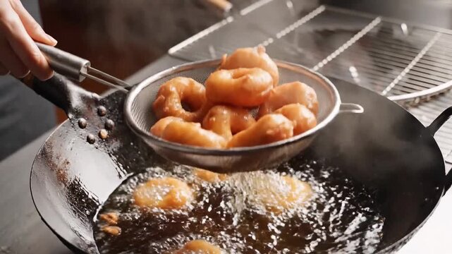 Close-up of mini ring donuts being deep-fried in hot bubbling oil in a wok on a stove