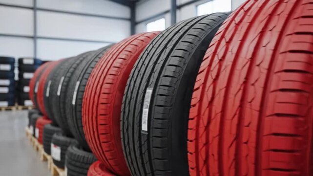 New black and red car tires stacked in warehouse