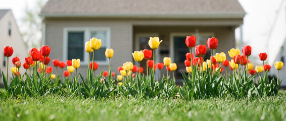 Colorful tulips blooming in front of house with vibrant red and yellow flowers in garden. Tulips create cheerful atmosphere around home during spring season.