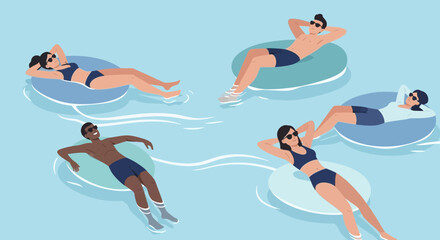 People Enjoying Relaxation in Swimming Pool with Inflatable Rings During a Sunny Summer Day