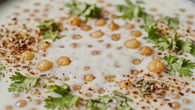 Close-up of creamy yogurt dessert with crispy fried chickpea flour balls and fresh cilantro garnish sprinkled with cumin and chili powder in natural lighting