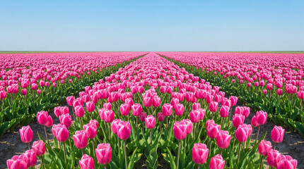 Fototapeta premium Pink tulip field under clear sky with endless rows of vibrant flowers stretching into the horizon.