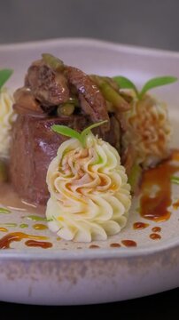 Recipe, hands and meat in kitchen for cooking dinner, meal preparation and sear beef cuisine. Chef, person and steak with herbs for healthy ingredients, nutrition and lunch food in home. 