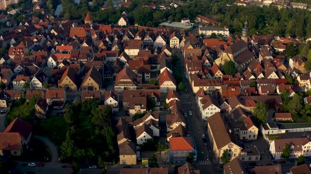 Aerial view beside the old town city Vaihingen an der Enz on an sunny afternoon in autumn.