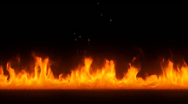 Dynamic horizontal wall of vibrant orange flames against a black background