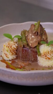 Recipe, hands and meat in kitchen for cooking dinner, meal preparation and sear beef cuisine. Chef, person and steak with herbs for healthy ingredients, nutrition and lunch food in home. 