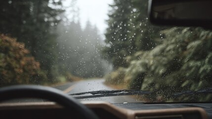 Fototapeta premium Close-up of the windshield of a car, taken from the driver's seat. the windshield is covered in raindrops, indicating that it is raining.