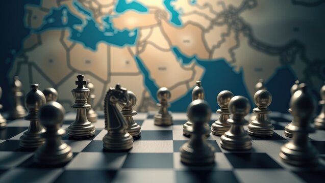 Geopolitical Strategy Concept: Chess Pieces on a Board with a World Map Background Representing International Conflict and Diplomacy