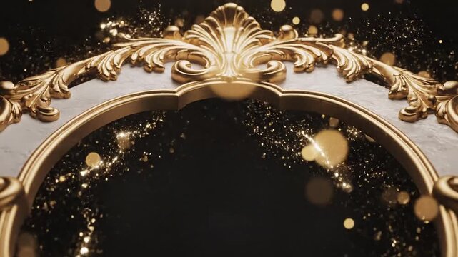 Elegant golden ornate frame with sparkling glitter and bokeh lights, luxury decorative border