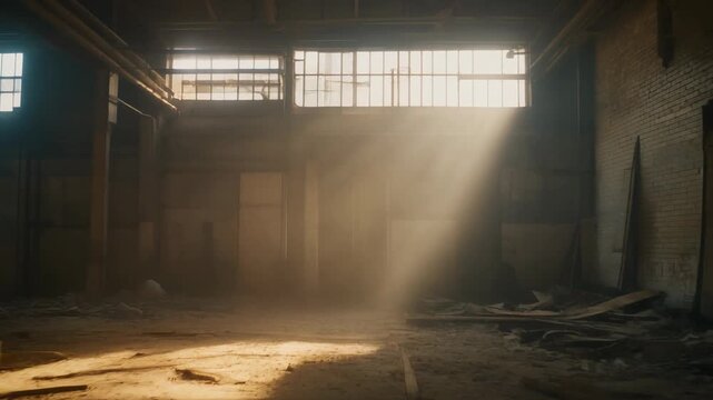 Sunlight streams through grimy windows into an abandoned industrial warehouse interior with dusty atmosphere and debris scattered