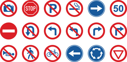 Standard traffic and road sign icon set featuring stop prohibition speed limit directional arrows and parking symbols for safety. © harry