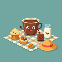 Cute Cartoon Coffee Break Picnic with Sweets and Milk.