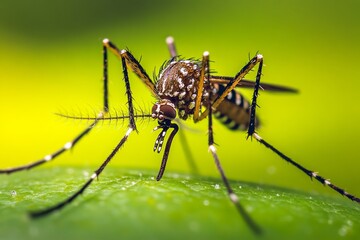 Fototapeta premium An up-close shot of a mosquito with visible legs and wings, perched on a green leaf against a blurred natural backdrop.