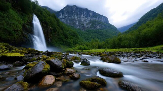 A stunning waterfall flows gracefully from rocky cliffs, surrounded by vibrant green trees. The serene river meanders through smooth stones under a cloudy twilight sky.