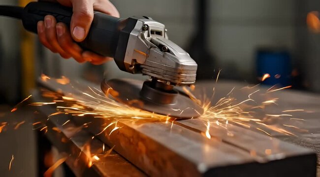 Angle grinder in action producing sparks as it cuts through metal material