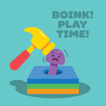 Cute Cartoon Hammer Hitting a Mushroom Toy.