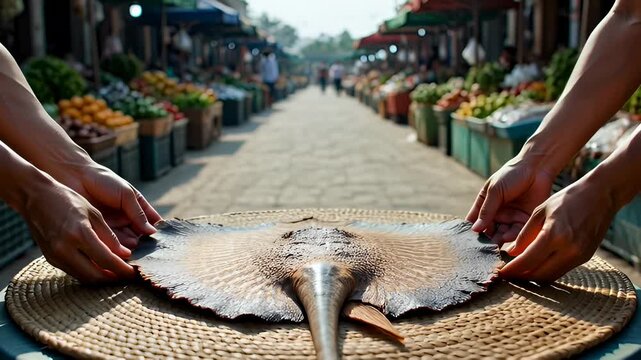 Close-Up of a Raw Stingray on a Wicker Mat at an Outdoor Market
