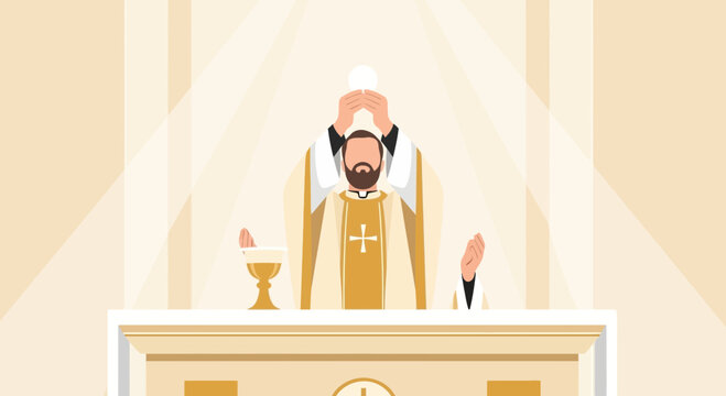 Priest Performing A Ceremony Holding Eucharist Above The Altar In Church Illustration