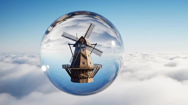 Windmill inside transparent sphere floating above clouds