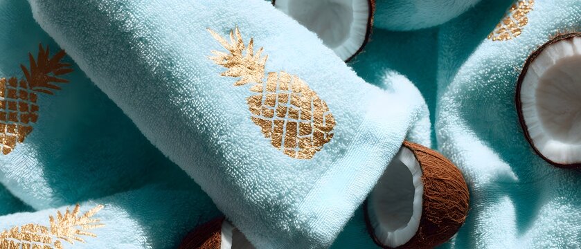 Light blue towels with gold pineapple design scattered with halved coconuts