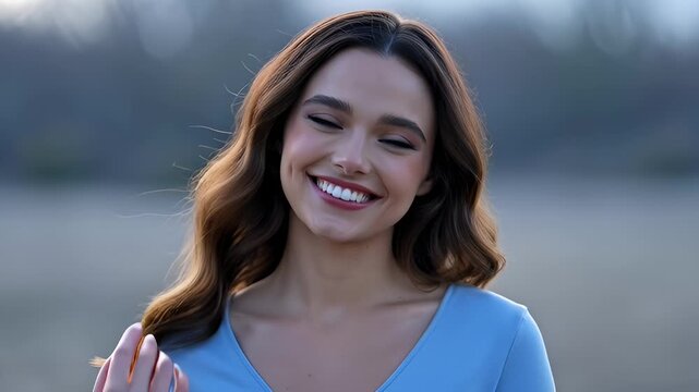Young Woman With Blue Eyes Smiling and Touching Her Hair in Soft Outdoor Lighting