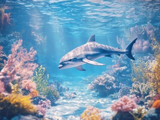 Fototapeta premium A dolphin is swimming in the ocean. The water is blue and the coral is pink. The dolphin is surrounded by many different types of fish