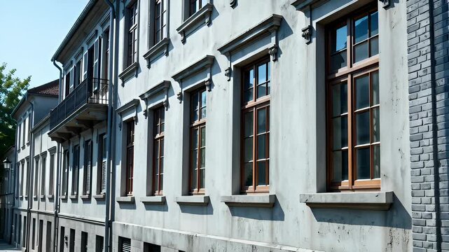 Close-Up of Old European Building Facade With Windows and Balcony on a Sunny Day