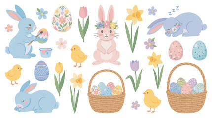Obraz premium Cute Easter bunnies, eggs, chicks, and flowers are charming cartoon illustrations for a delightful spring holiday celebration.