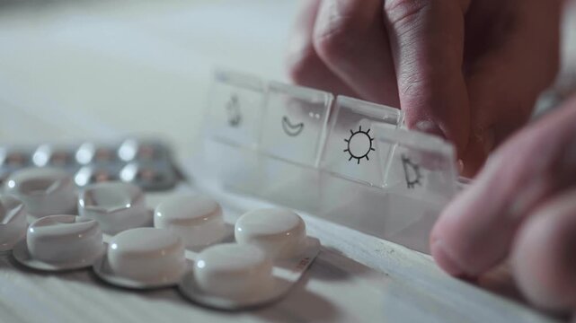 Close-up of a man's hands sorting colorful pills and capsules into a weekly plastic pill organizer on a kitchen table. Concept of daily medication management and healthcare routine.