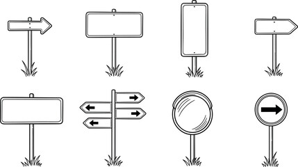 Road Signpost and Direction Sign Icon Set with Arrow Wayfinding, Street Guidance, and Navigation Symbols for Maps, Travel, and Outdoor Designs © Tofajjol
