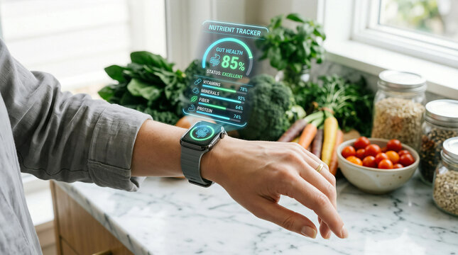 Health conscious person checking personalized nutrition data on smartwatch while preparing healthy vegetable salad