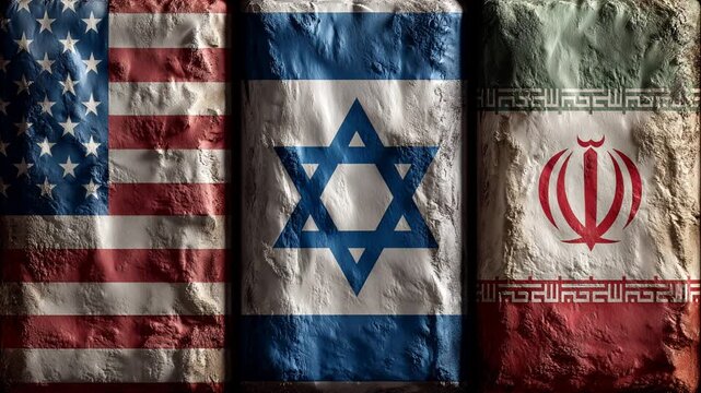 three flags waving together: usa israel iran flag