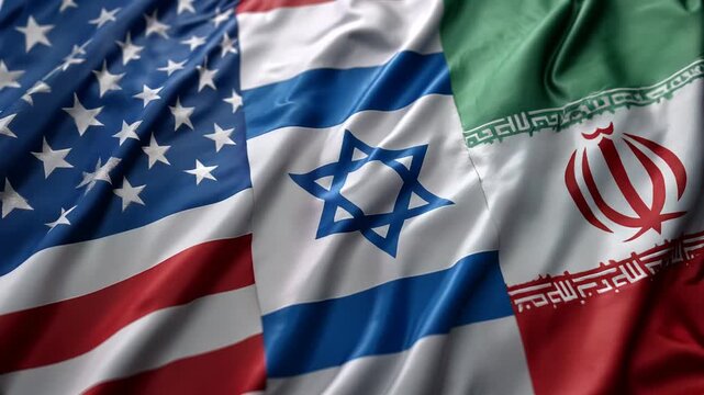 three flags waving together: usa israel iran flag