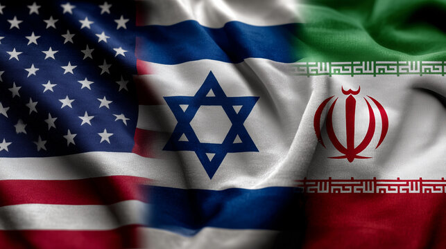 three flags waving together: usa israel iran flag