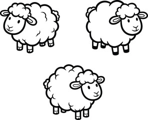 Fototapeta premium Three cartoon sheep standing in different poses and looking around simple line art