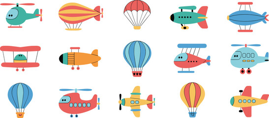 cute cartoon aircraft set, colorful airplanes helicopters balloons collection, cad drawing flat vector illustration kids sticker bundle © Itz Julfikar Here