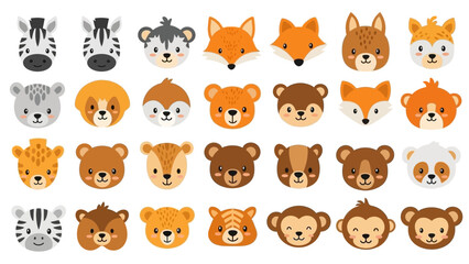 Fototapeta premium Cute collection of cartoon baby animal faces on white background.