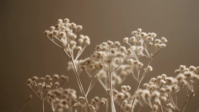 A serene close-up view of delicate flowers swaying gently in the soft natural light with a subtle brown background