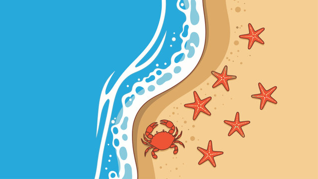 A red crab and starfish are on a sandy beach with waves.